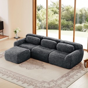 114 inch Dark Gray L-shaped Plush Fabric Sectional Sofa Couches with Ottoman and Throw Pillows ( Buckle Connection) - 1 of 4