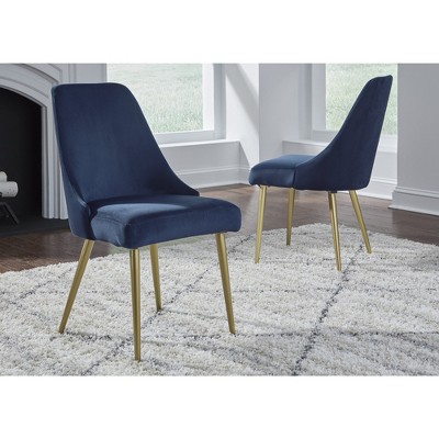 Blue Velvet Upholstered Dining Chair with Gold Metal Legs, Set of 2