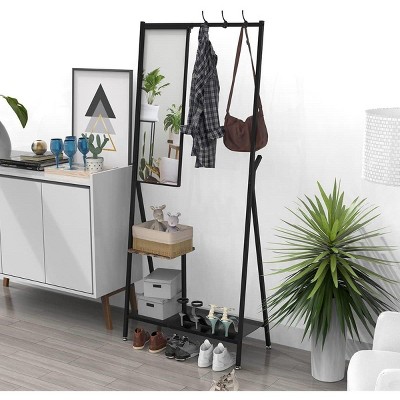 Modern Aluminum Entryway Set, 73-Inch Hall Tree with Mirror & Bench, Shoe Storage Shelves, Black/Brown Combo for Living Spaces