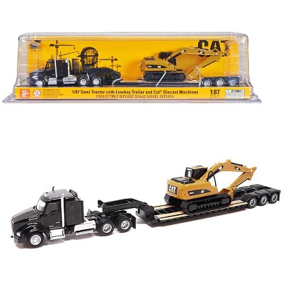 Kenworth T880 SBFS Sleeper Tandem Tractor Black w/Trailer u0026 CAT 320D L  Hydraulic Excavator 1/87 Diecast Model by Diecast Masters