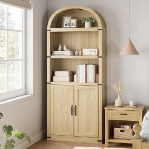 Bookcase with Doors Arched Bookshelf 71.65in Tall Bookcase Farmhouse Cabinet with Shelves Wooden Bookshelves for Home Office, Living Room - 1 of 4