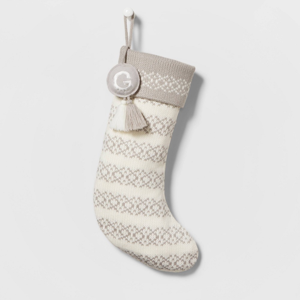 Knit Fair Isle Monogram (G) Christmas Stocking Gray/White G - Wondershop