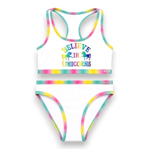 XOXO Little Girls' 2-Piece Foil Print Racer Back Bikini Swim Set, White/Multi Unicorns, 6X