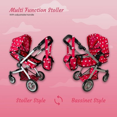Pink Hearts Convertible Combo Baby Doll Stroller with Storage Basket