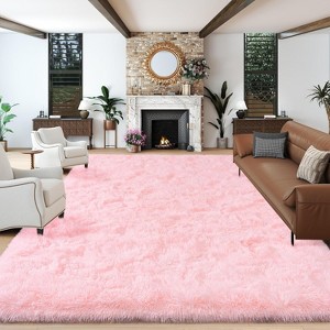 Grass Green Fluffy Shag Area Rug with Non-Slip Base & 4 Reusable Stickers, Soft Plush Mat - 1 of 4