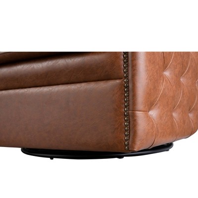 Brown Faux Leather Barrel Swivel Accent Chair with Wood Frame