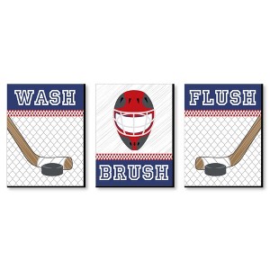Big Dot of Happiness Shoots and Scores - Hockey - Kids Bathroom Rules Wall Art - 7.5 x 10 inches - Set of 3 Signs - Wash, Brush, Flush - 1 of 4