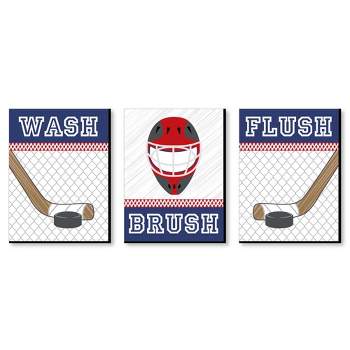 Big Dot of Happiness Shoots and Scores - Hockey - Kids Bathroom Rules Wall Art - 7.5 x 10 inches - Set of 3 Signs - Wash, Brush, Flush