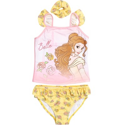 Disney Princess Belle  Girls Tankini Top Bikini Bottom and Scrunchie 3 Piece Swimsuit Set Little Kid to Big Kid