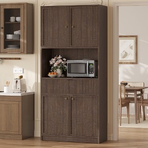 Tall Pantry Cabinet with Microwave Shelf & Drawer, 70" Kitchen Hutch Storage Cabinet with Doors, Fluted Freestanding Cupboard, for Dining Room - 1 of 4