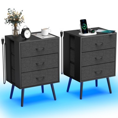 KTMBDW Set of 2 Mid Century Nightstand with Charging Station, End Table Modern Side Table with Fabric Drawer for Home Bedroom Living Room