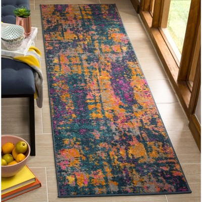 Blue and Orange Abstract Synthetic Runner Rug