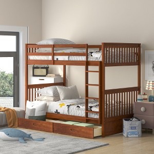 NicBex Twin over Twin Bunk Bed Convertible Design Pine Bed Frame with 2 Drawers, Ladder and Full Length Guardrails, No Box Spring Required, Brown - 1 of 4