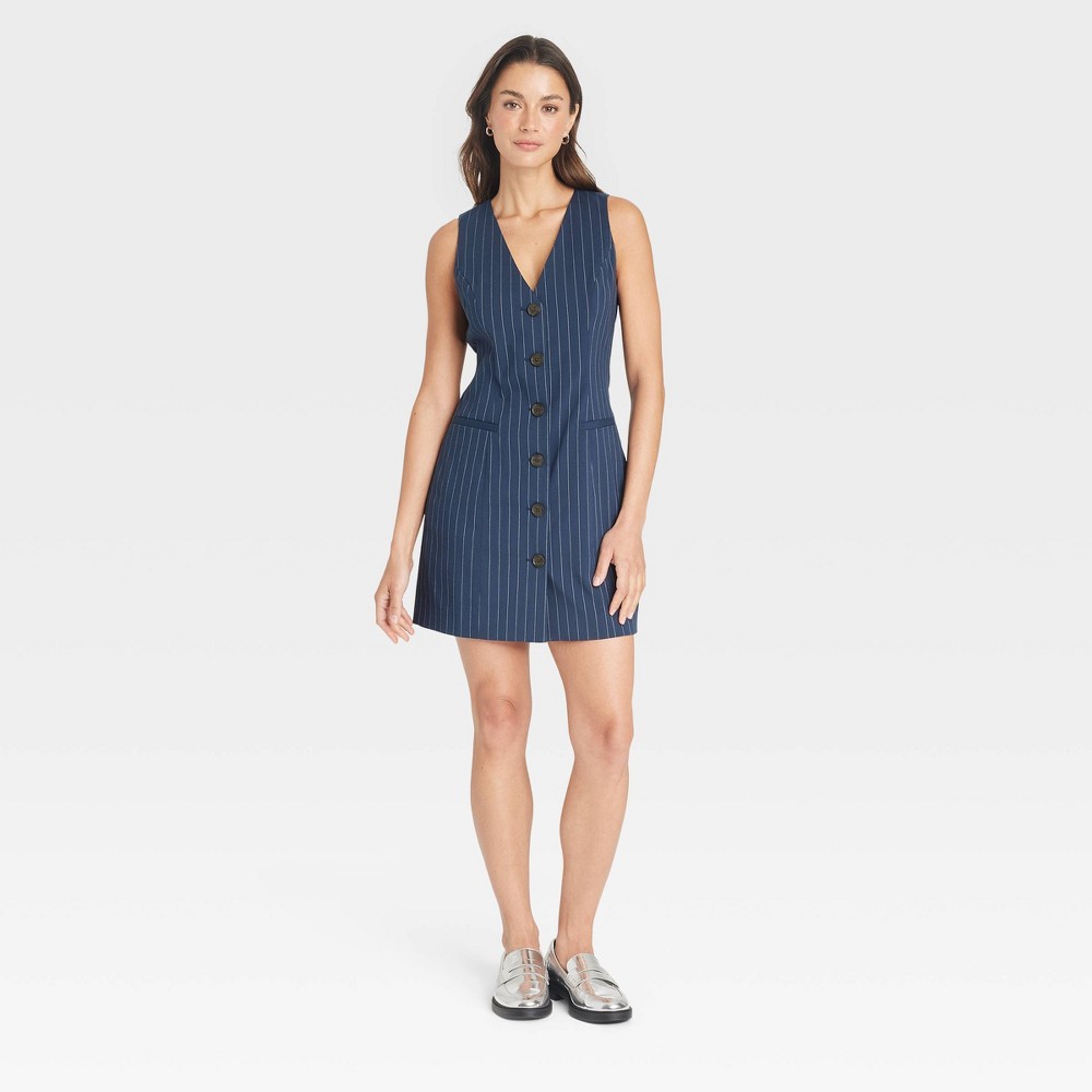 Women's Tailored Mini Vest Dress - A New Day™ Navy Pinstripe XS