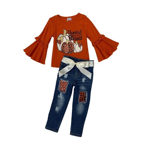 Girls Thankful, Grateful, Blessed Patched Jeans Set Mia Belle Girls,  Orange, 4T