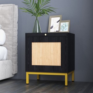 Rattan Nightstand Set of 2, Modern Farmhouse End Table with Storage Cabinet and 1 Door, Beside Table with Metal Legs, Rustic Couch Side Table - 1 of 4
