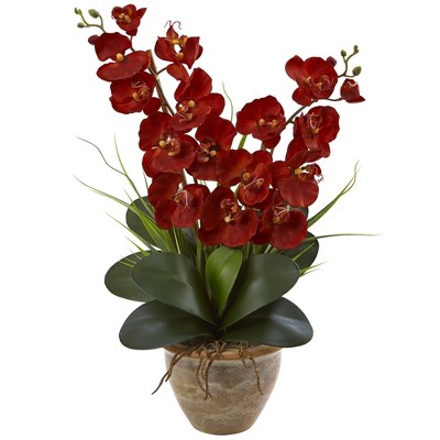 Nearly Natural 25-in Double Phalaenopsis Harvest Silk Orchid Arrangement in Ceramic Vase