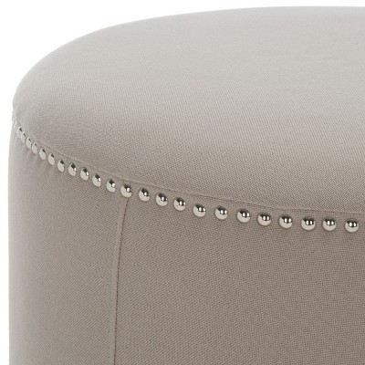 Transitional Round Beige Linen Ottoman with Nailhead Trim