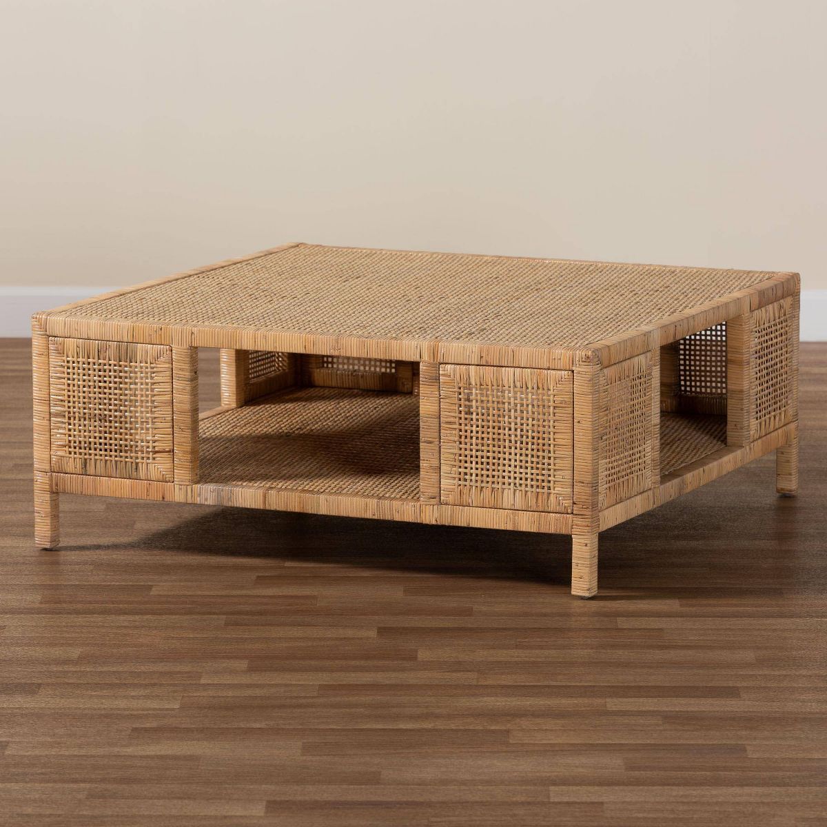 bali & pari Kalimantan Rattan and Mahogany Wood Square Coffee Table Light Honey
