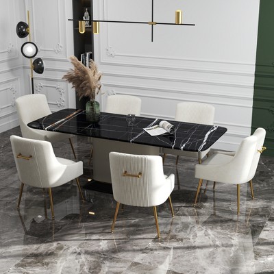 SEYNAR Modern Glam Boucle Pleated Velvet Dining Chair or Vanity Chair Set of 6 with Rear Handle,Beige,25"D x 22"W x 33"H