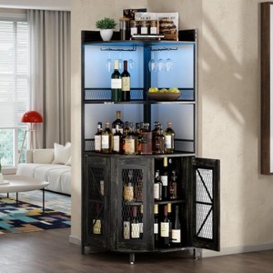 64-Inch Industrial 5-Tier Corner Bar Cabinet with LED Lighting and Power Outlet, Tall Wine and Liquor Storage, Glass Holder, Corner Display Shel - 1 of 4