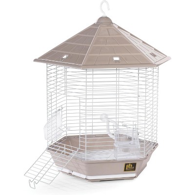 Hexagonal Gray and Brown Steel Bird Cage with Peaked Roof