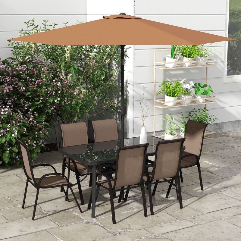 Outsunny 8 Piece Patio Furniture Set with Umbrella, Outdoor Dining Table and Chairs, 6 Chairs, Push Button Tilt and Crank Parasol, Glass Top, Brown, 2 of 7
