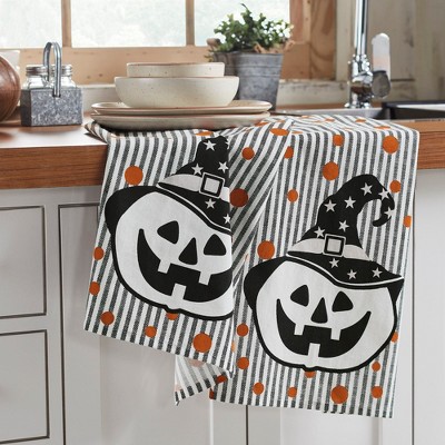 Witchy Pumpkins Striped Tea Towel Set of 2 19x28 VHC Brands