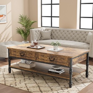 41" Vintage Coffee Table - Large Center Table with Drawers, Rectangular Cocktail Table, Mid Century Wooden Table, Retro for Living Room - 1 of 4