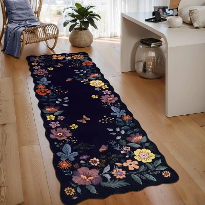 Floral rug (2'x6') for hallway, kitchen rug, ultra-thin soft, non-slip, washable, stain-resistant, bohemian style velvet rug