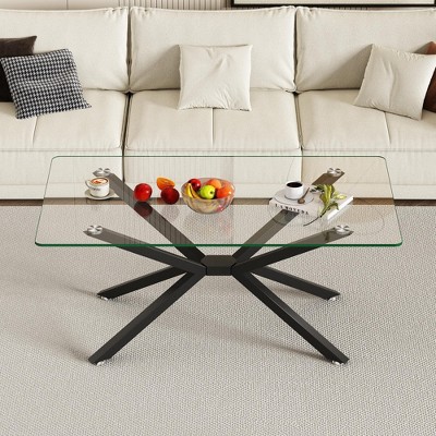 Syemin Rectangle End Table Coffee Table with Tempered Glass Top and Metal Legs for Modern Living Room, Clear, 39.37"*23.62"*16.93"