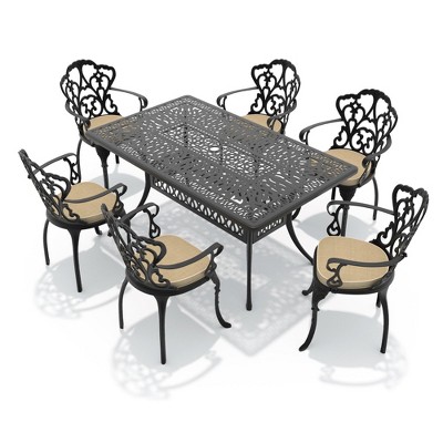 5-Piece 58.27'' L Rectangular Cast Aluminum Outdoor Dining Set with Umbrella Hole and Beige Cushions