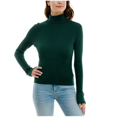 Crave Fame Womens Ribbed Turtleneck Knit Blouse, Green, X-Small