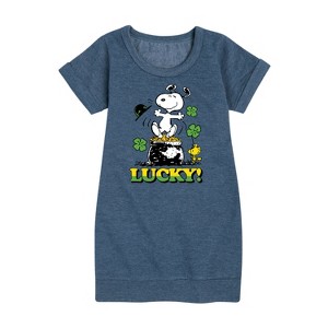 - Peanuts - Lucky Snoopy Graphic Short Sleeve Fleece Dress - 1 of 4