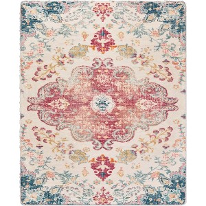 HomeRoots 3' X 5' Ivory Pink And Blue Medallion Distressed Washable Area Rug - 1 of 4