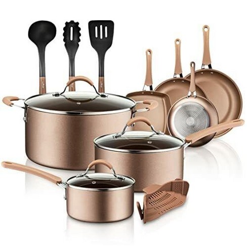 Nutrichef 14 Piece Non-Stick Kitchen Cookware Set, Brown