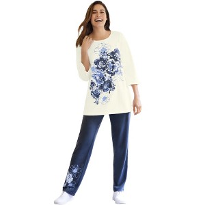 Woman Within Plus Size Floral Tee And Pant Set - 1 of 4