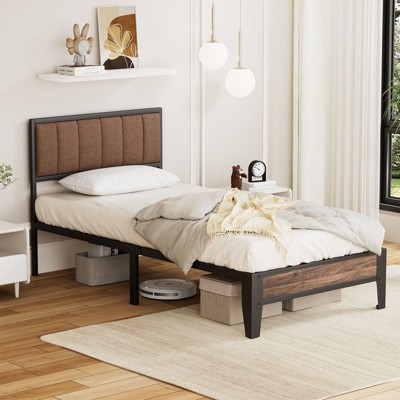 Lusimo Twin XL Metal Platform Bed Frame with Fabric Upholstered Headboard Easy Assembly