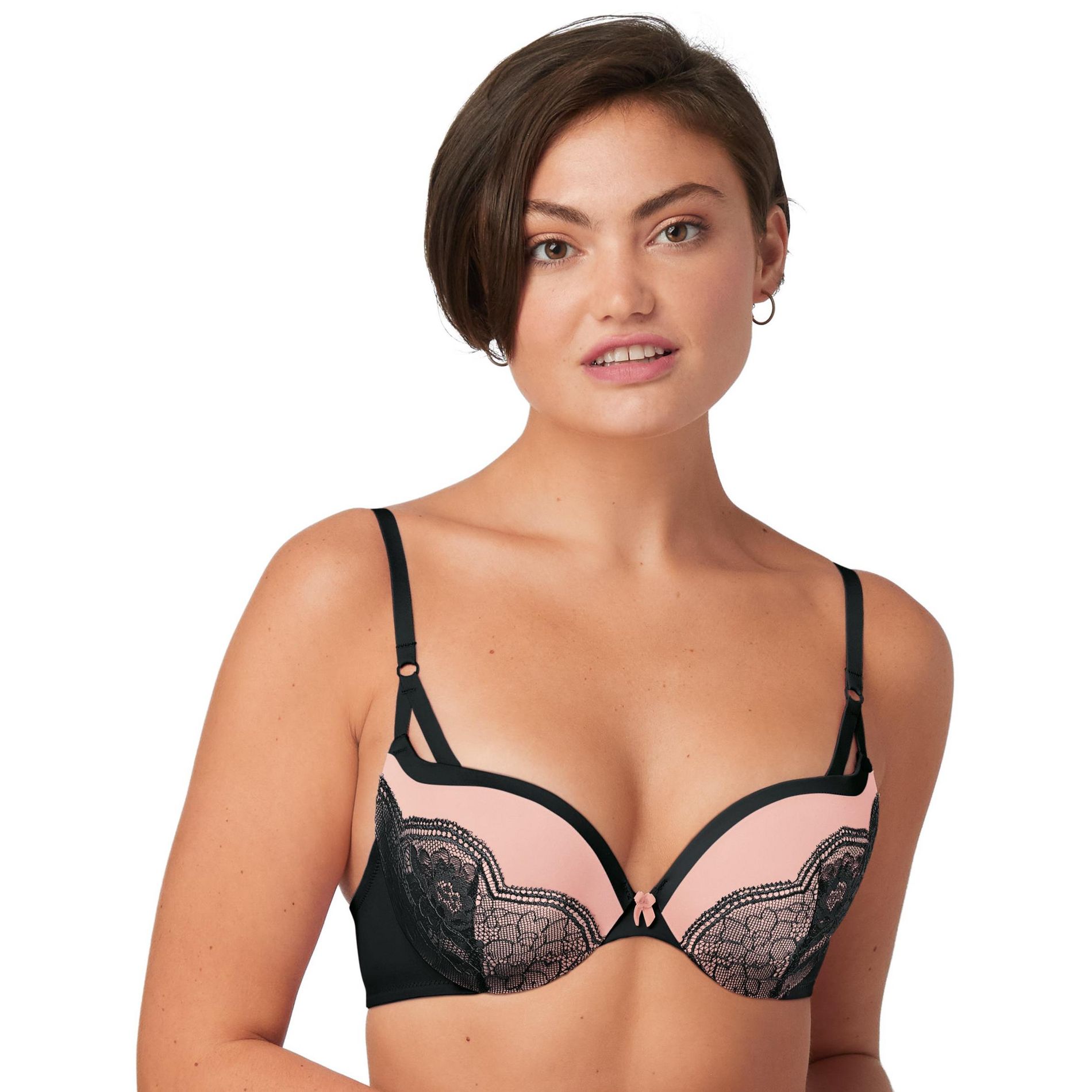 Maidenform Push Up & In Underwire Bra Black w/Gentle Peach Lace 32A Women's