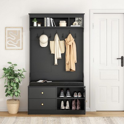 MAYEERTY White 71" 6-in-1 Farmhouse Hall Tree with Shoe Storage, 7 Hooks & Mudroom Bench for Entryway