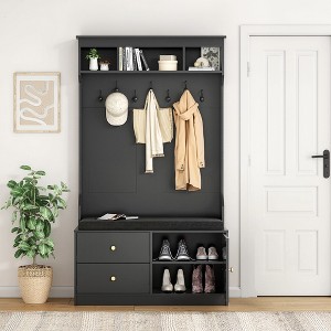 MAYEERTY White 71" 6-in-1 Farmhouse Hall Tree with Shoe Storage, 7 Hooks & Mudroom Bench for Entryway - 1 of 4