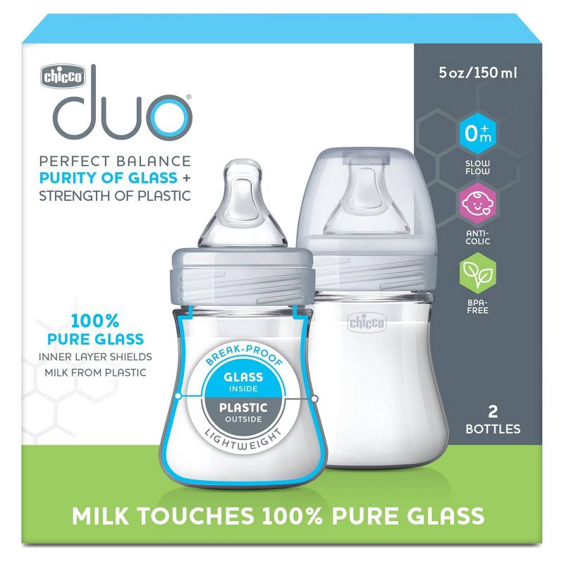 Chicco 2pk Duo Hybrid Baby Bottle with Invinci-Glass Inside/Plastic Outside with Slow Flow Anti-Colic Nipple - Clear/Gray - 5oz, 3 of 15
