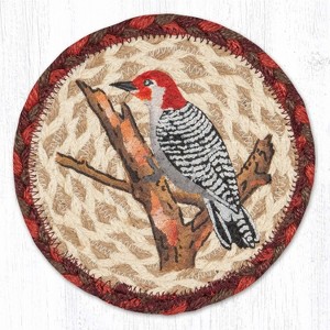 Earth Rugs Wildlife Woodpecker Round Coaster – 7"x7" Braided Jute with Hand-Stenciled Woodpecker, Rustic Nature-Inspired Design - 1 of 3