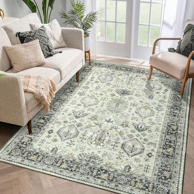 Rug Vintage Living Room Rug Ultra-Soft Faux Wool Throw Carpet Non Slip Backing Oriental Floral