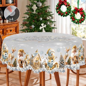 Christmas Tablecloth with Santa, Reindeer and Snowman Designs, Dustproof Dining Table Cover for Festive Holiday Decor - 1 of 4