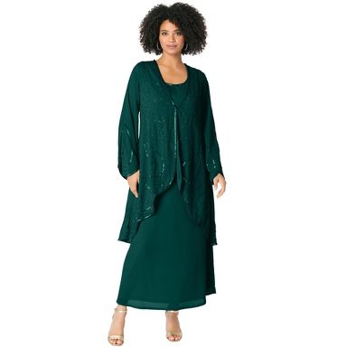 Roaman's Women's Plus Size Plus-Size 2 piece Long Sleeve Beaded Georgette Gown Set with Detachable Jacket, Size: 16W, Green