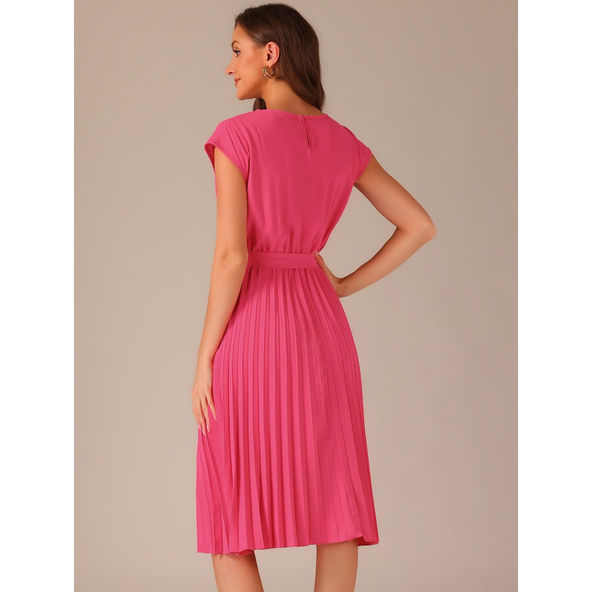 Женские платья INSPIRE CHIC Women's Pleated Crew Neck Cap Sleeve Tie Waist A-Line Dresses Small Hot Pink — фото 4