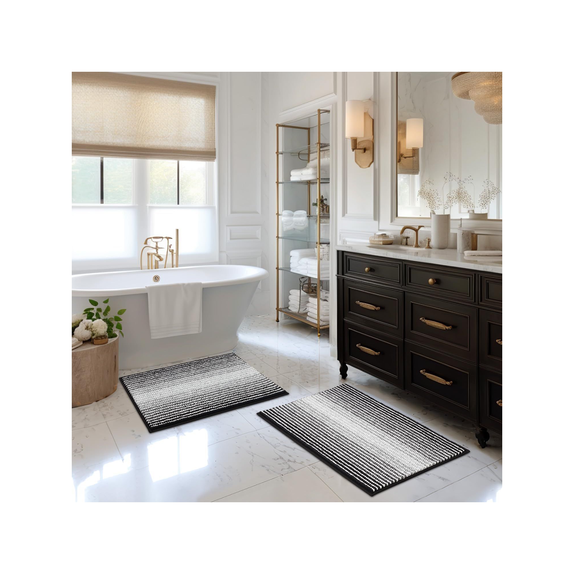 Thick Chenille Bathroom Rugs Sets 2 Piece, 20" x 32" and 16" x 24" Absorbent & Non-Slip Bathroom Rug Set - Black