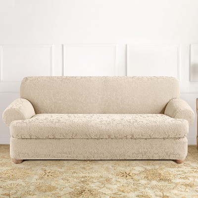 Regal Oyster Stretch Jacquard Damask T-Cushion Sofa Slipcover