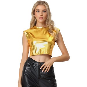 Allegra K Women's Round Neck Party Sleeveless Holographic Crop Metallic Tank Top - 1 of 4